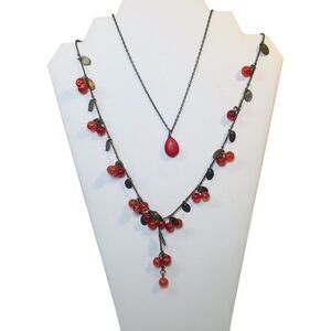 Vintage Cherry Red Ball Beaded Brass Y-Drop Layered Statement Necklace Set 28”